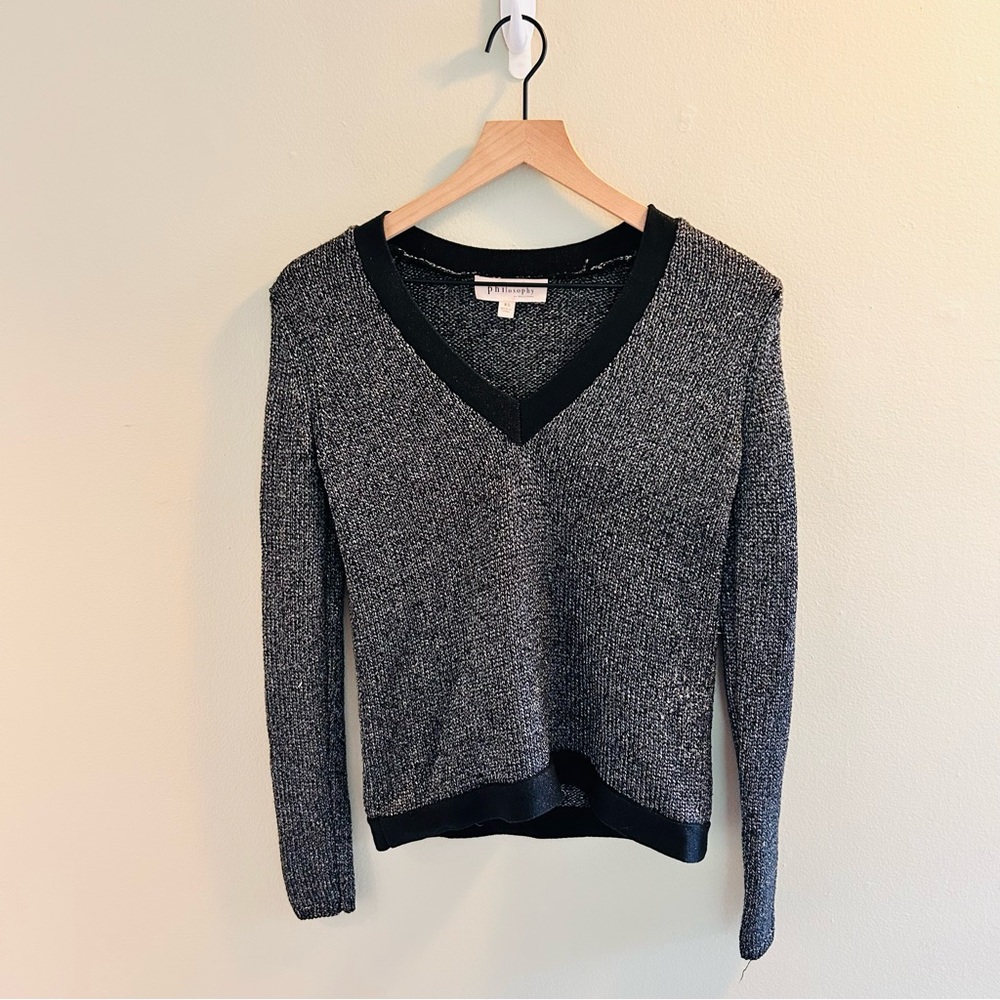 Philosophy V-Neck Sweater Size XS Metallic Black Pullover Silver Extra Small
